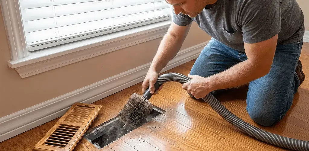 Air duct cleaning technician vacuuming a floor vent and duct opening in Cleveland, OH