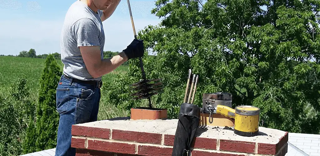 Chimney cleaning technician working on a rooftop chimney with professional tools in Cleveland, OH