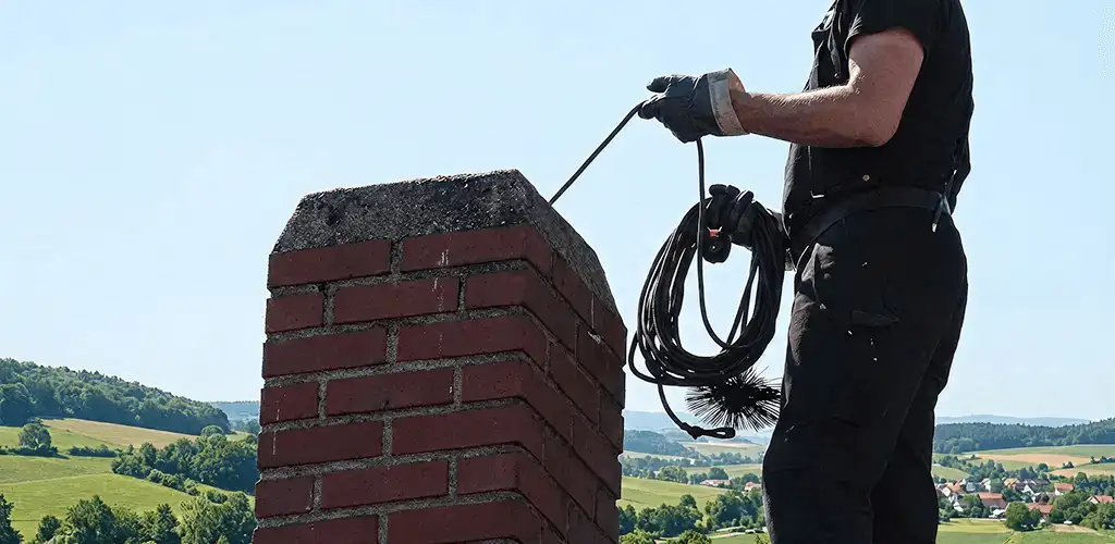 Chimney sweep inspecting and cleaning a rooftop chimney in Cleveland, OH