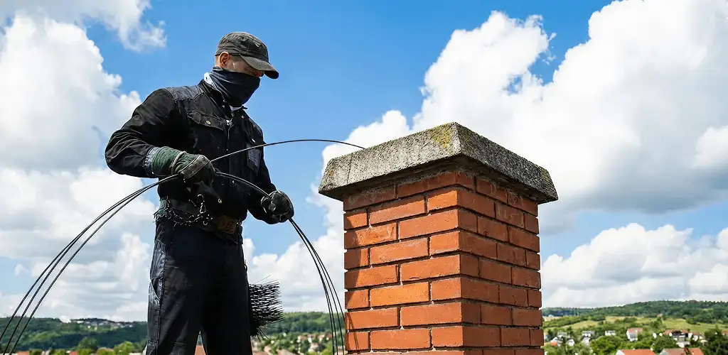 Chimney sweep cleaning a brick chimney with professional tools in Cleveland, OH