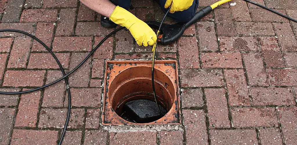 Drain cleaning technician using a drain snake to clear a clogged drain in Cleveland, OH