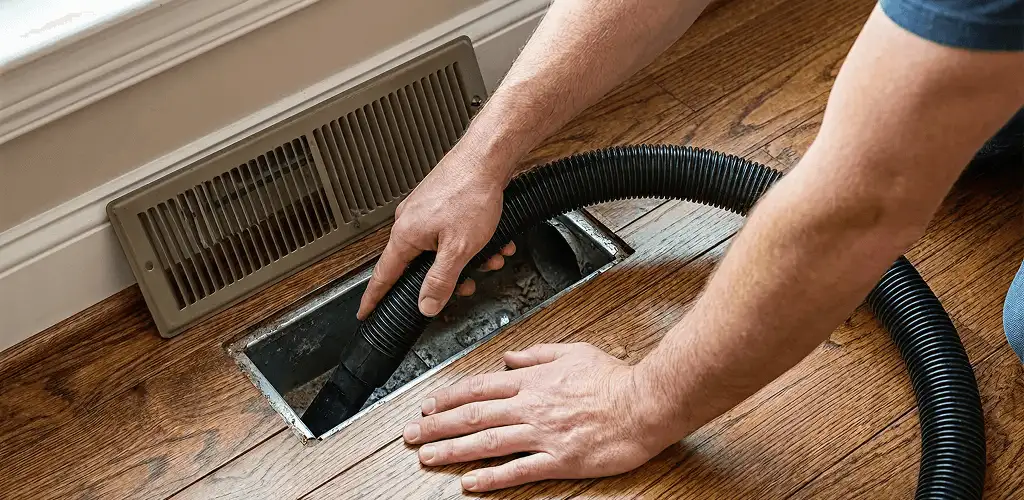 Air duct cleaning technician vacuuming a floor register and duct opening in Cleveland, OH