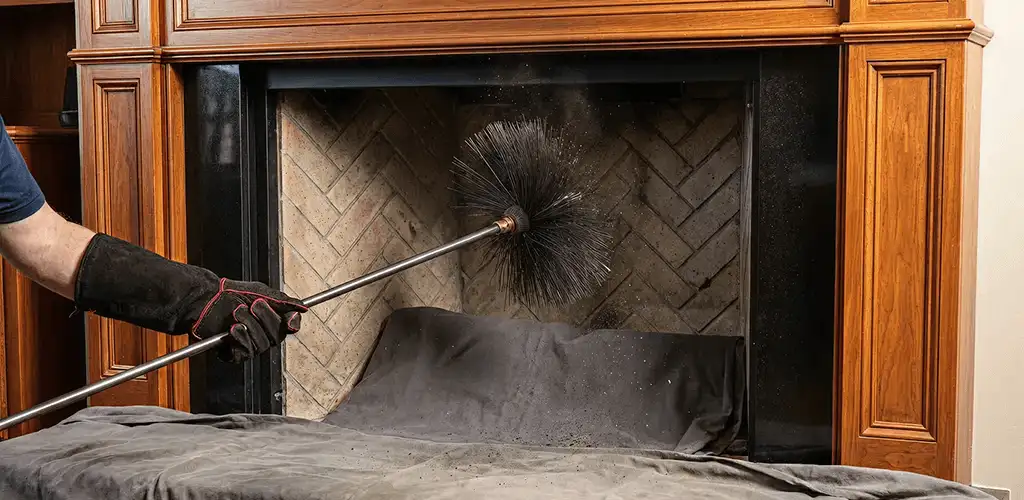 Chimney cleaning service brushing soot from a fireplace and flue in Cleveland, OH