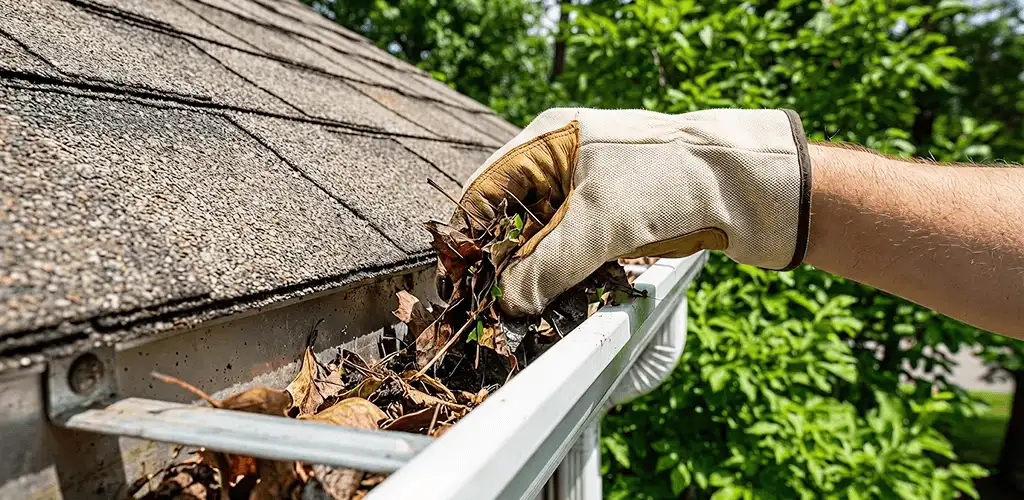 Gutter cleaning removing leaves and debris from roof gutters in Cleveland, OH