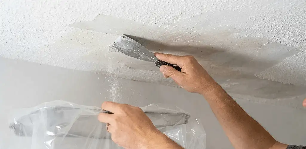 Popcorn ceiling removal technician scraping texture from a ceiling in Cleveland, OH
