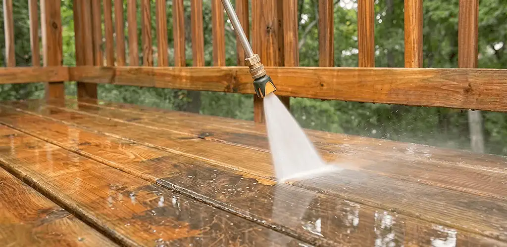 Pressure washing a wood deck to remove dirt and buildup in Cleveland, OH