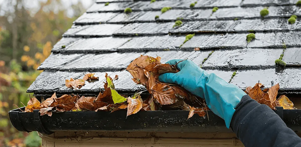 Gutter cleaning technician clearing wet leaves from roof gutters in Cleveland, OH