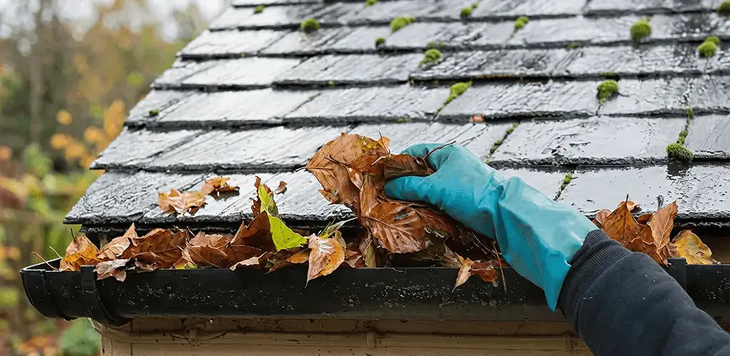 Gutter cleaning technician clearing wet leaves from roof gutters in Cleveland, OH