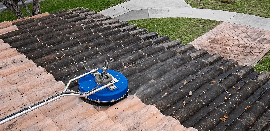 Roof pressure cleaning removing debris and buildup from roof tiles in Cleveland, OH