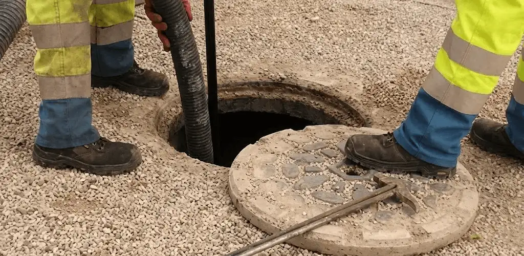 Drain cleaning crew clearing a sewer access point with professional equipment in Cleveland, OH