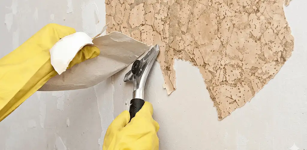 Wallpaper removal service stripping old wallpaper from a wall in Cleveland, OH