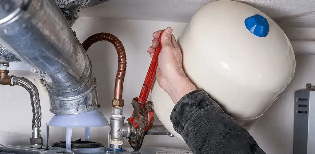 Water heater repair technician tightening plumbing connections near a tank unit in Cleveland, OH
